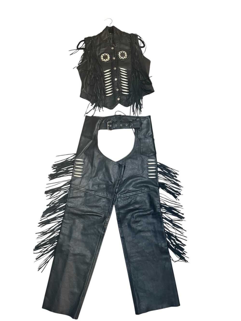 Vintage Hot Leathers Leather Fringe Vest Chaps Set L Western Biker Rodeo Beaded
